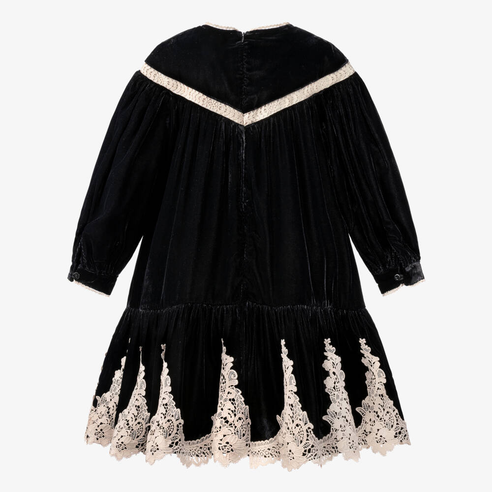 Petite Amalie-Girls Black Velvet Dress with Scalloped Lace | Childrensalon