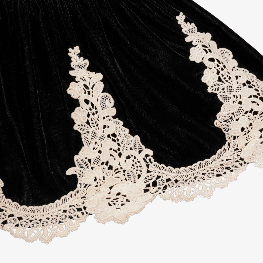Petite Amalie-Girls Black Velvet Dress with Scalloped Lace | Childrensalon