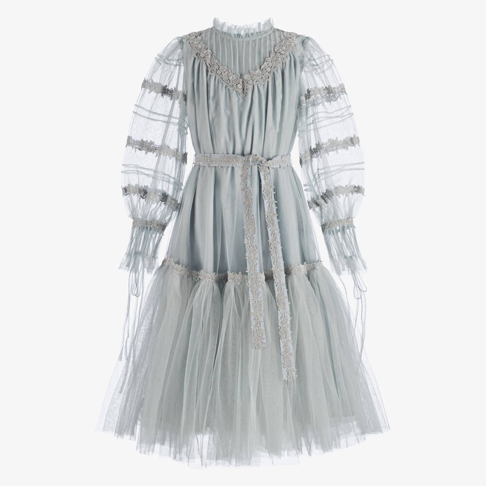 Petite Amalie-Girls Blue Tulle Dress with Lace Trims | Childrensalon