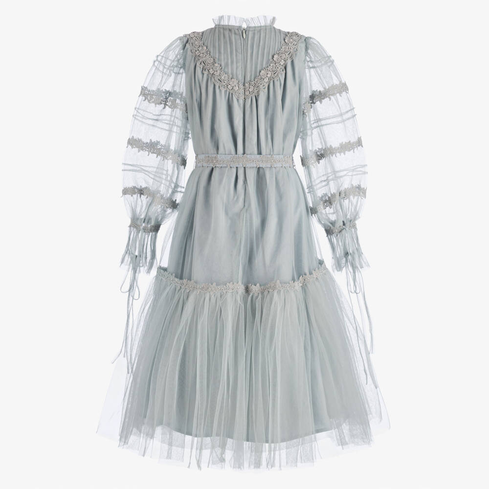 Petite Amalie-Girls Blue Tulle Dress with Lace Trims | Childrensalon