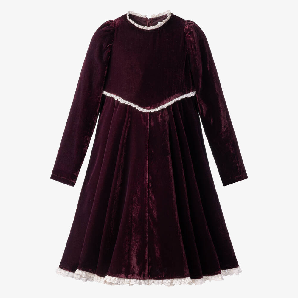 Petite Amalie-Girls Burgundy Velvet Dress with Lace Trims | Childrensalon
