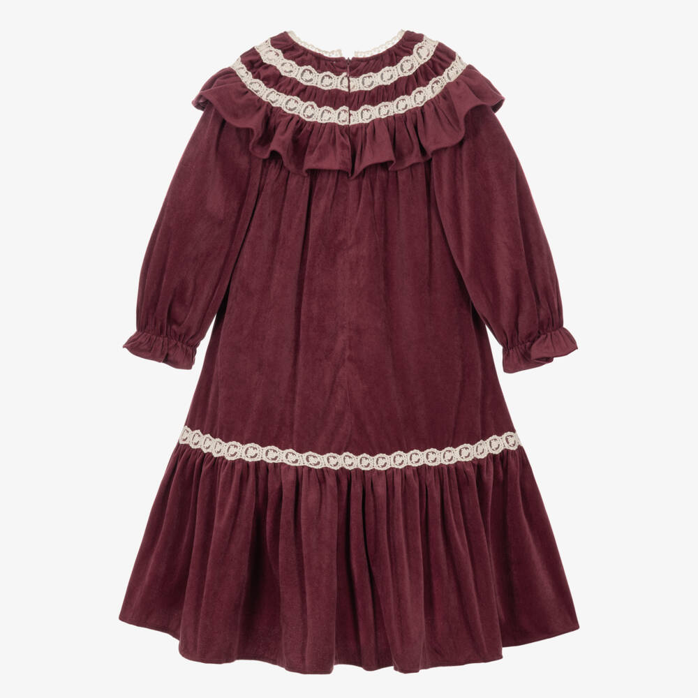 Petite Amalie-Girls Burgundy Velveteen Dress with Lace Trims | Childrensalon
