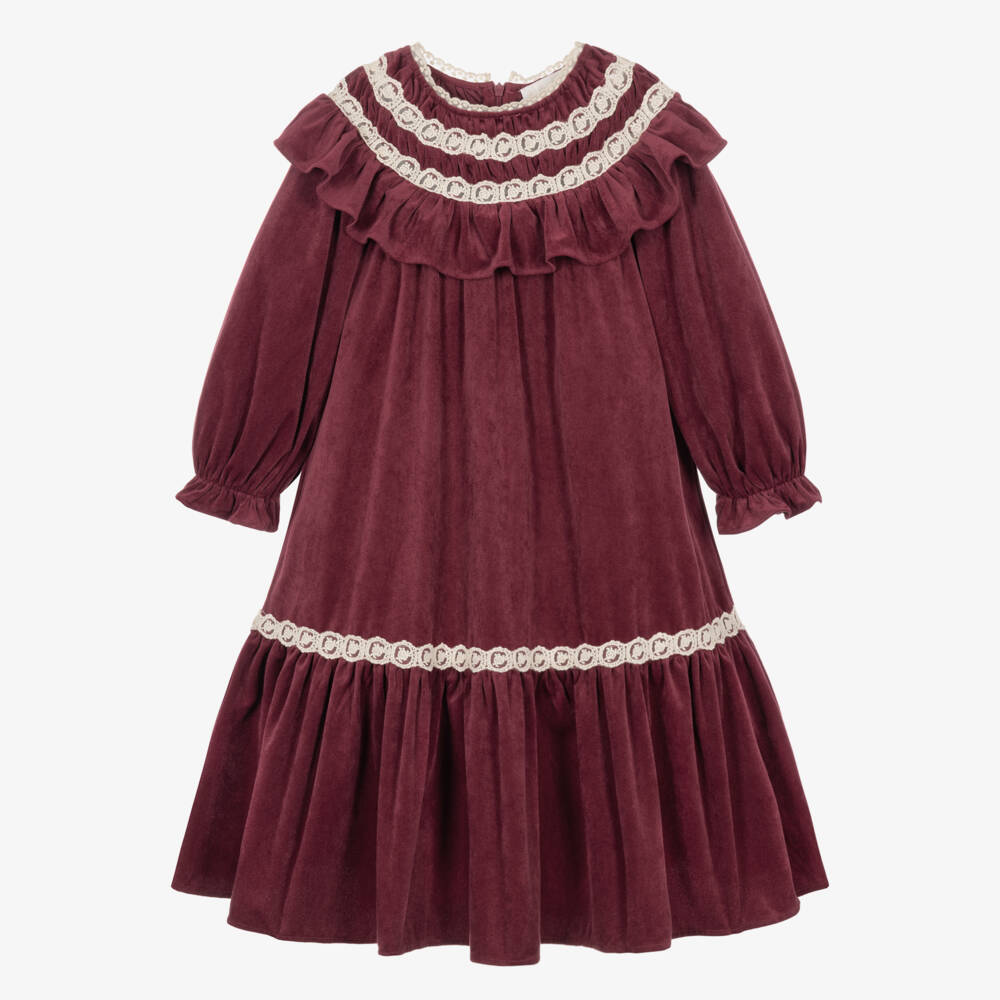 Petite Amalie-Girls Burgundy Velveteen Dress with Lace Trims | Childrensalon