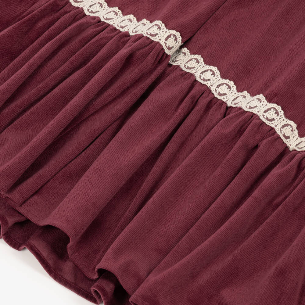 Petite Amalie-Girls Burgundy Velveteen Dress with Lace Trims | Childrensalon