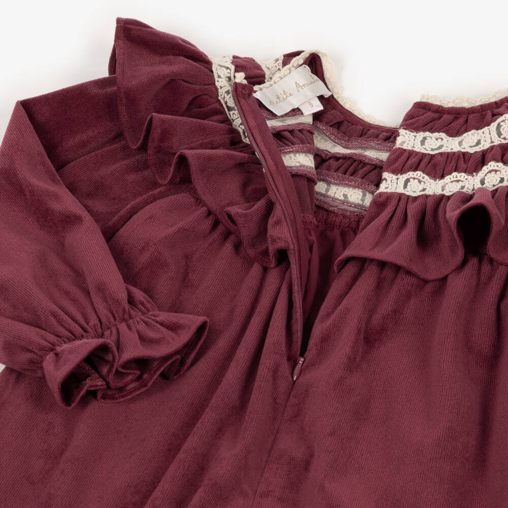 Petite Amalie-Girls Burgundy Velveteen Dress with Lace Trims | Childrensalon