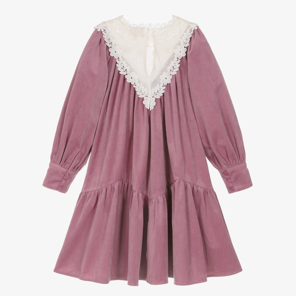 Petite Amalie-Girls Dusk Purple Dress with Ivory Lace Panel | Childrensalon