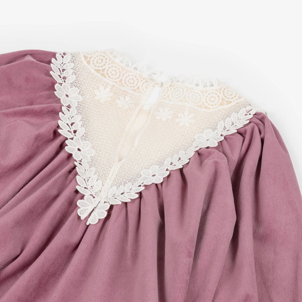Petite Amalie-Girls Dusk Purple Dress with Ivory Lace Panel | Childrensalon