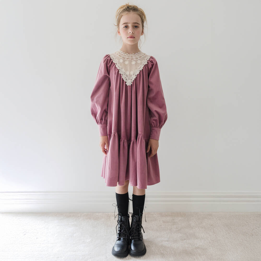 Petite Amalie-Girls Dusk Purple Dress with Ivory Lace Panel | Childrensalon