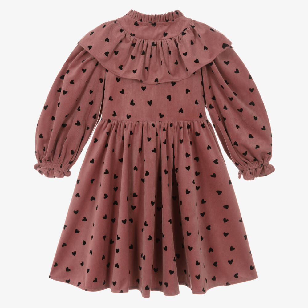 Petite Amalie-Girls Dusky Pink Needlecord Heart Print Dress | Childrensalon