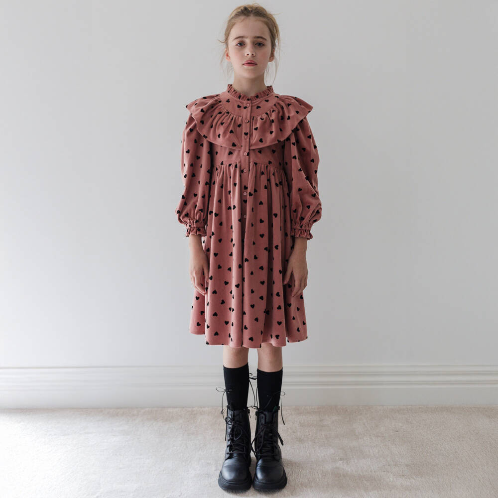Petite Amalie-Girls Dusky Pink Needlecord Heart Print Dress | Childrensalon