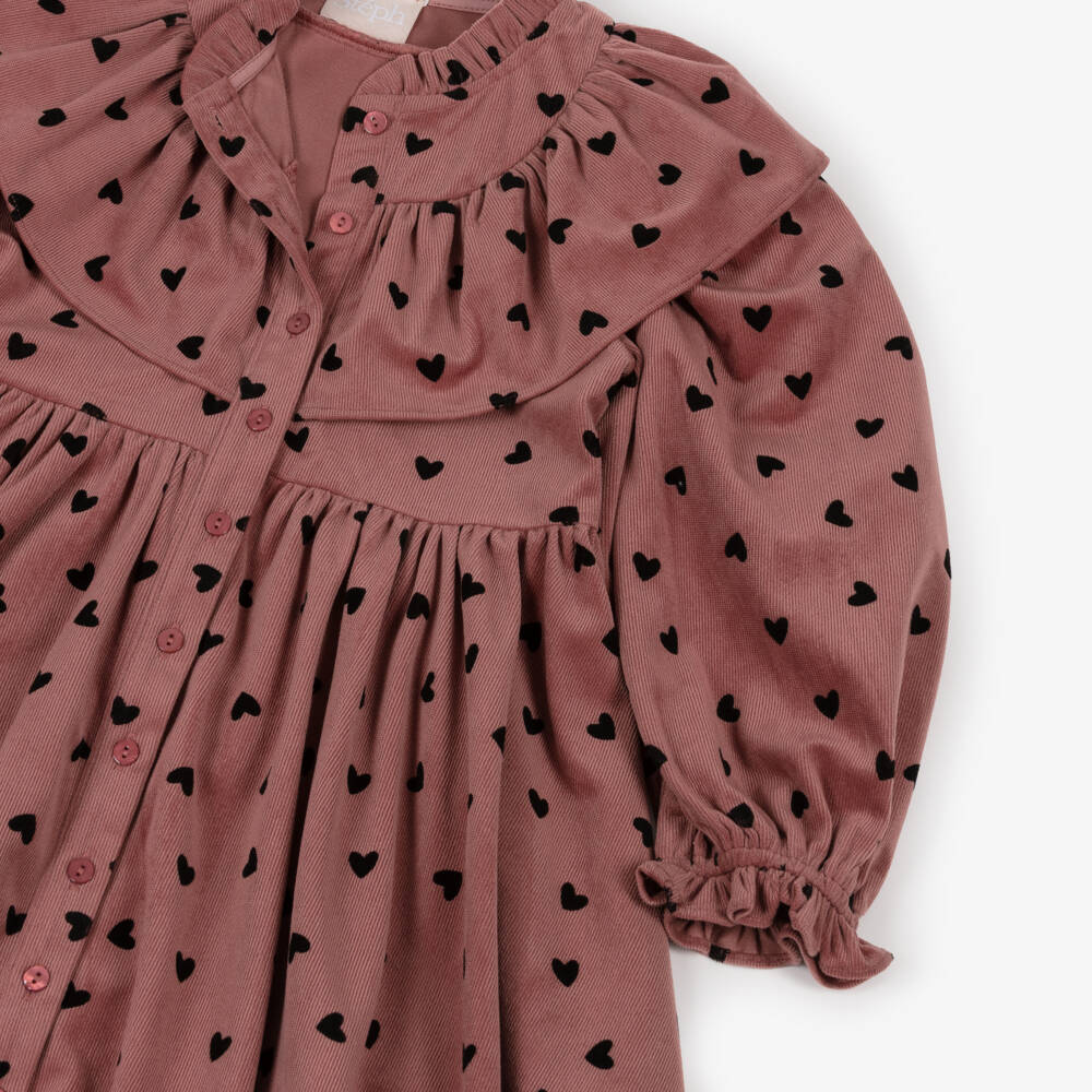 Petite Amalie-Girls Dusky Pink Needlecord Heart Print Dress | Childrensalon