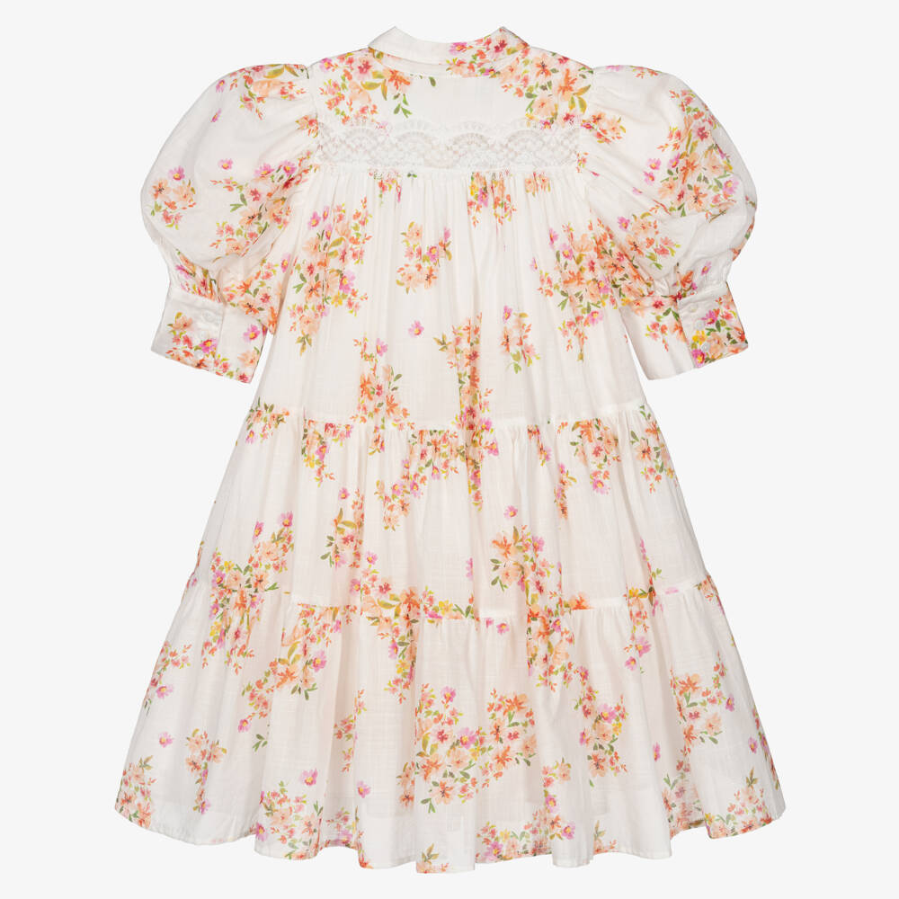 Petite Amalie-Girls Ivory & Pink Floral Print Cotton Dress | Childrensalon