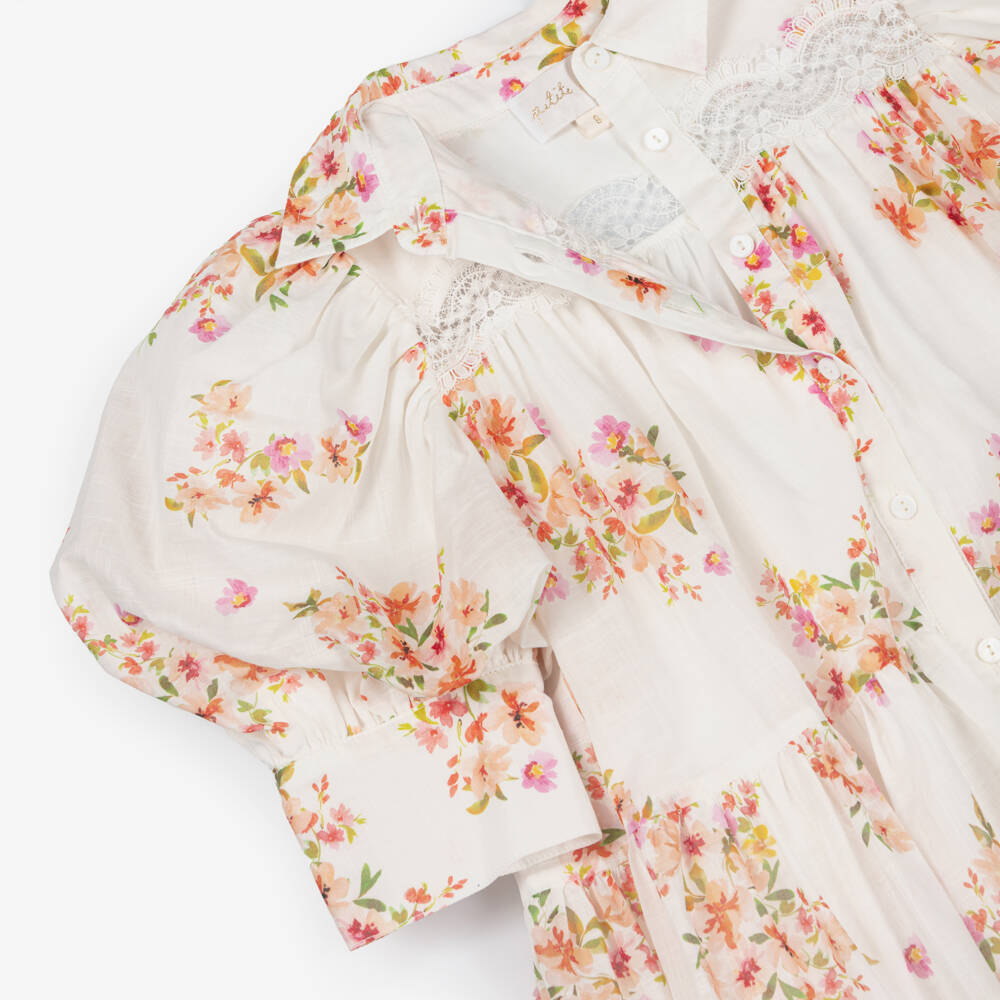 Petite Amalie-Girls Ivory & Pink Floral Print Cotton Dress | Childrensalon