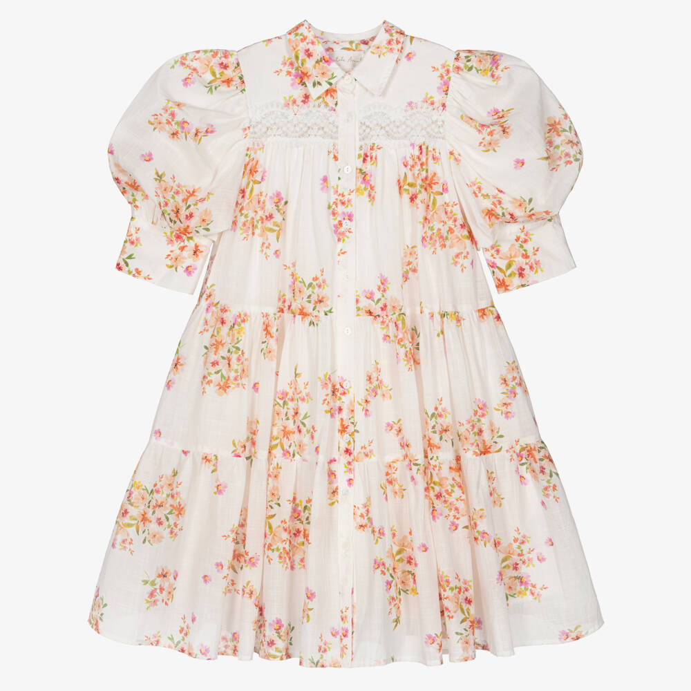 Petite Amalie-Girls Ivory & Pink Floral Print Cotton Dress | Childrensalon