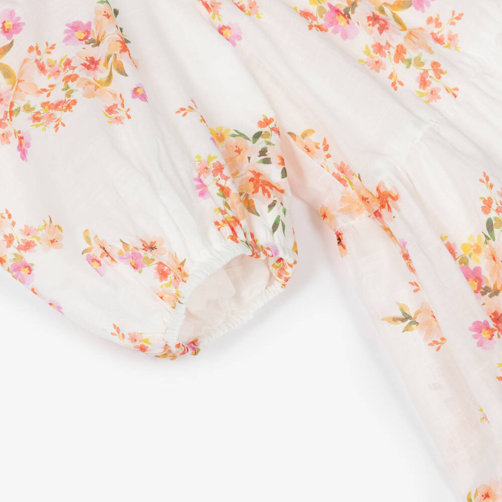 Petite Amalie-Girls Ivory & Pink Floral Print Cotton Dress | Childrensalon