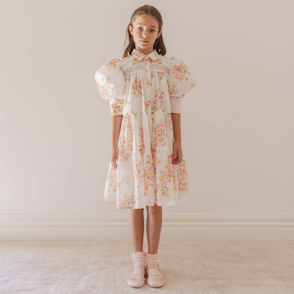 Petite Amalie-Girls Ivory & Pink Floral Print Cotton Dress | Childrensalon