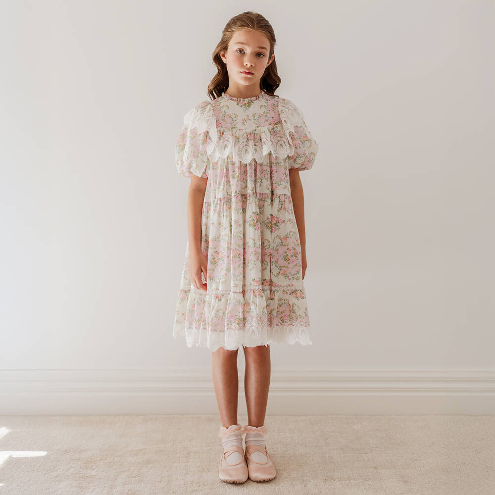 Petite Amalie-Girls Ivory & Pink Vintage Floral Dress with Lace Trim | Childrensalon