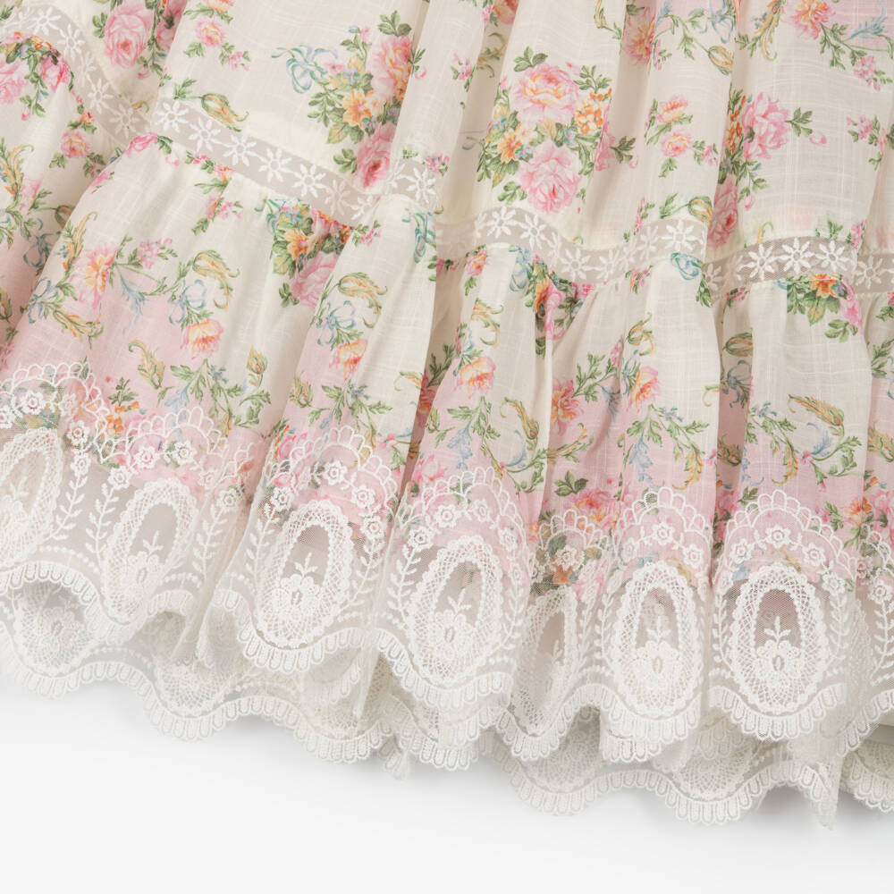Petite Amalie-Girls Ivory & Pink Vintage Floral Dress with Lace Trim | Childrensalon