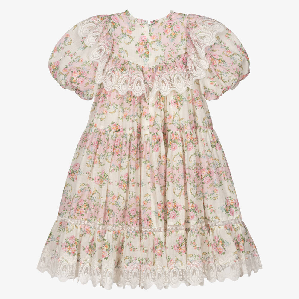Petite Amalie-Girls Ivory & Pink Vintage Floral Dress with Lace Trim | Childrensalon