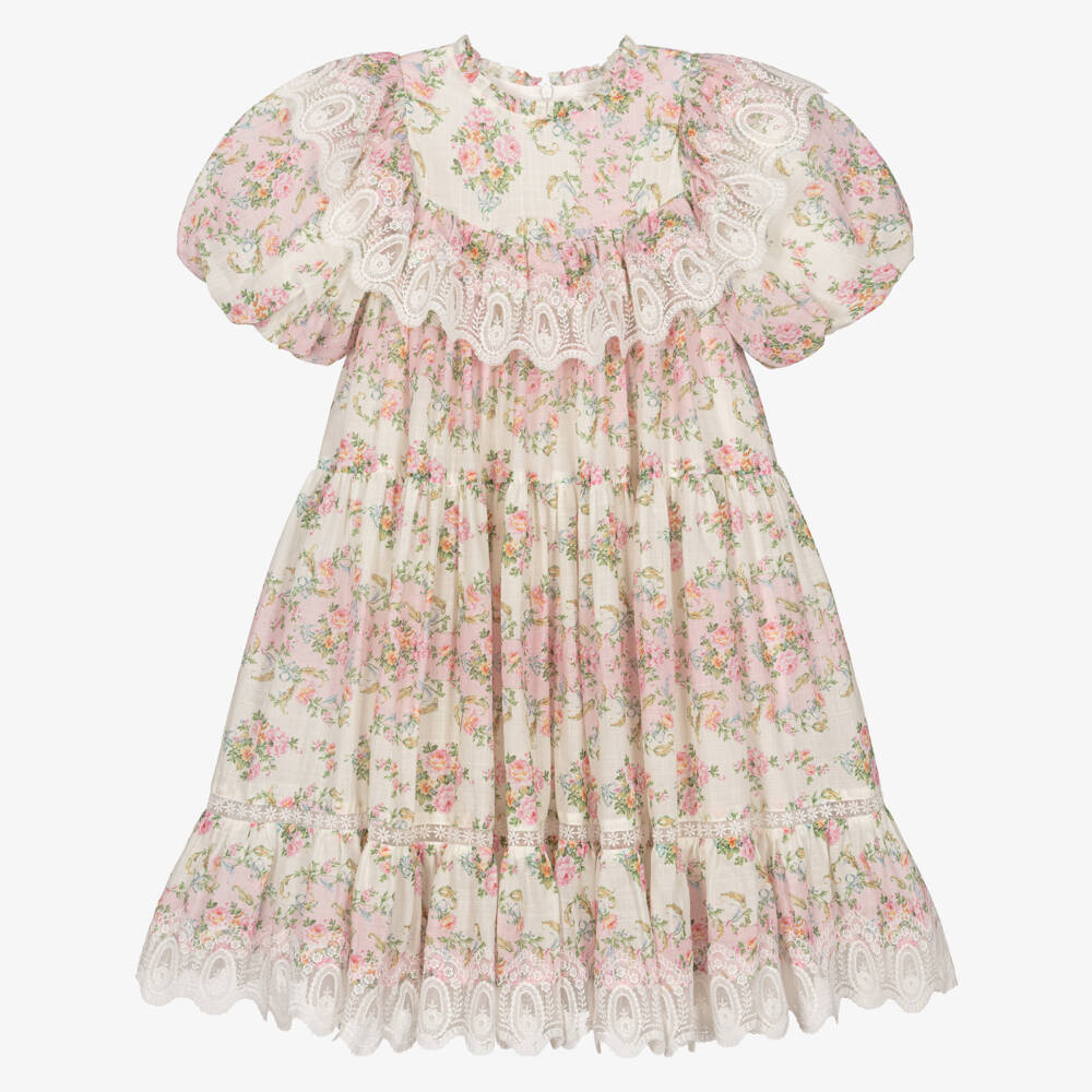 Petite Amalie-Girls Ivory & Pink Vintage Floral Dress with Lace Trim | Childrensalon