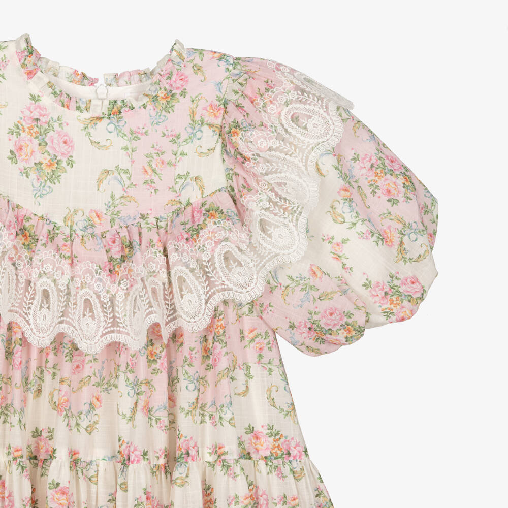 Petite Amalie-Girls Ivory & Pink Vintage Floral Dress with Lace Trim | Childrensalon