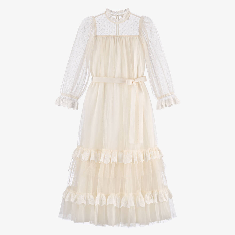 Petite Amalie-Girls Ivory Polka Dot Tulle Maxi Dress with Lace Trims | Childrensalon