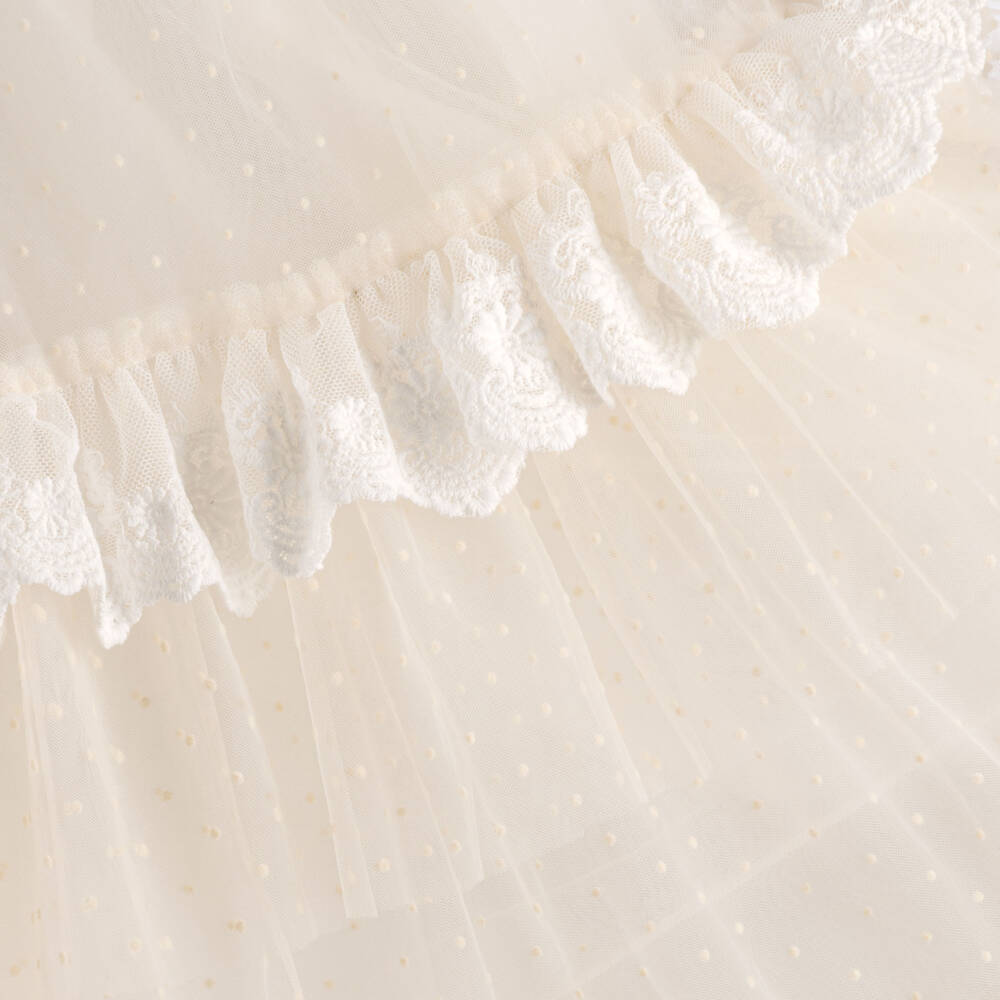 Petite Amalie-Girls Ivory Polka Dot Tulle Maxi Dress with Lace Trims | Childrensalon
