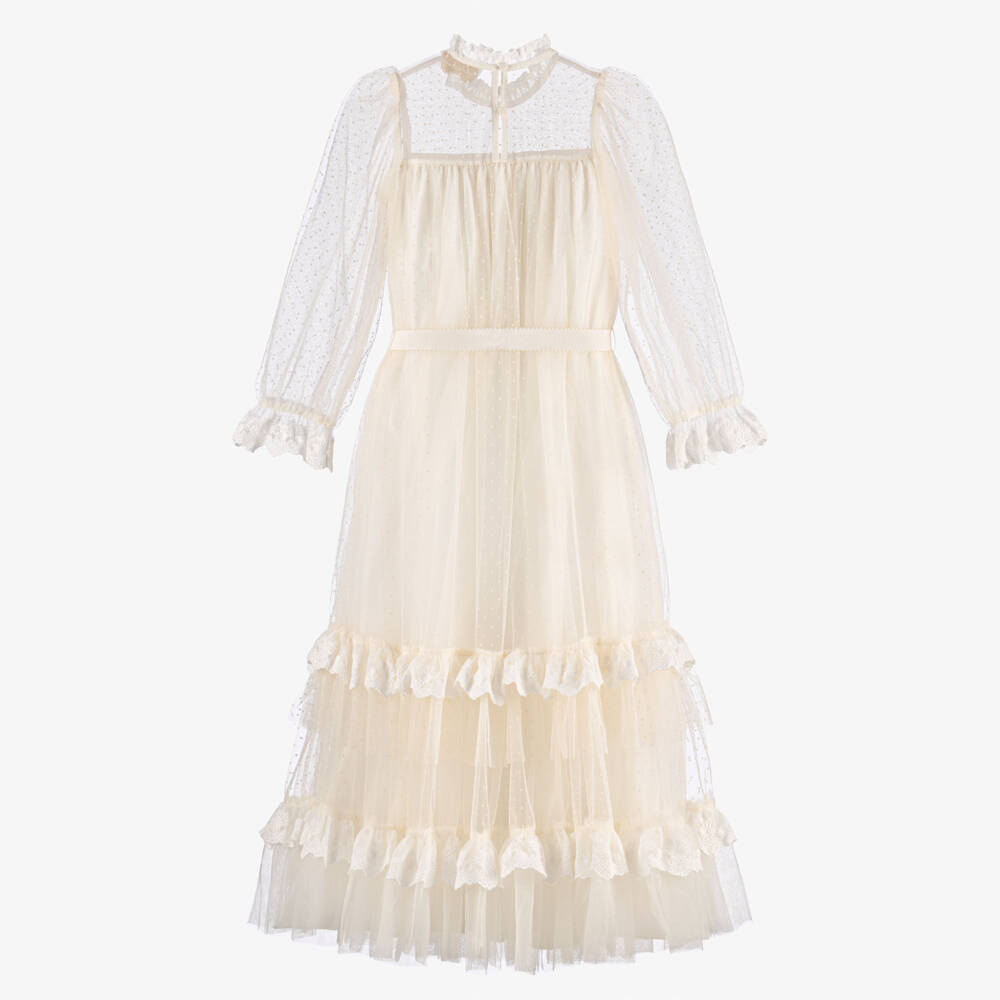 Petite Amalie-Girls Ivory Polka Dot Tulle Maxi Dress with Lace Trims | Childrensalon
