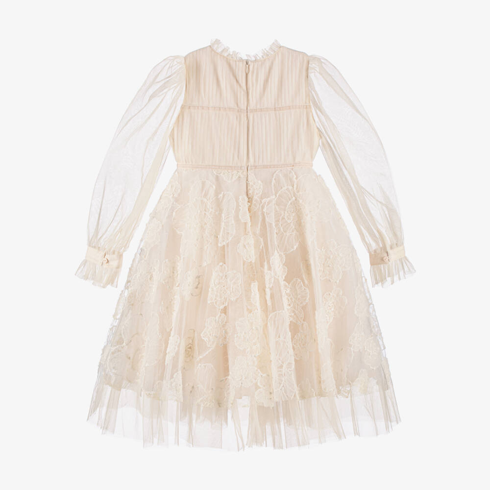 Petite Amalie-Girls Ivory Tulle Dress with Floral Embroidery | Childrensalon