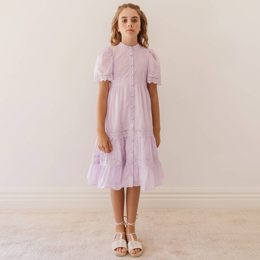 Petite Amalie-Girls Lavender Lace Cotton Shirt Dress | Childrensalon