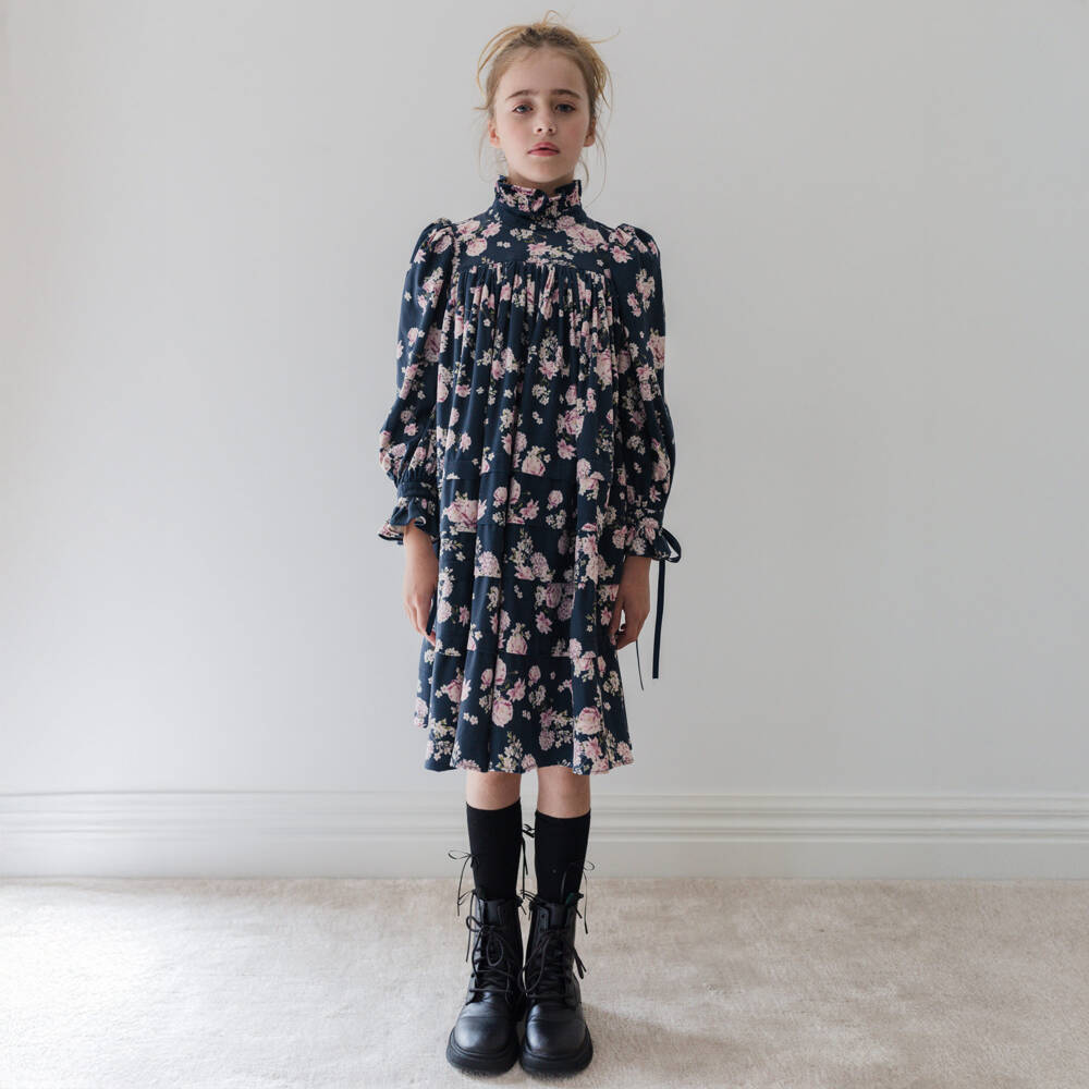 Petite Amalie-Girls Navy Blue & Pink Floral Needlecord Dress | Childrensalon