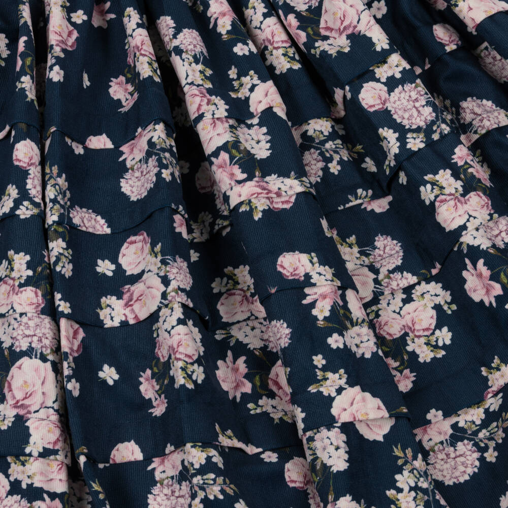 Petite Amalie-Girls Navy Blue & Pink Floral Needlecord Dress | Childrensalon