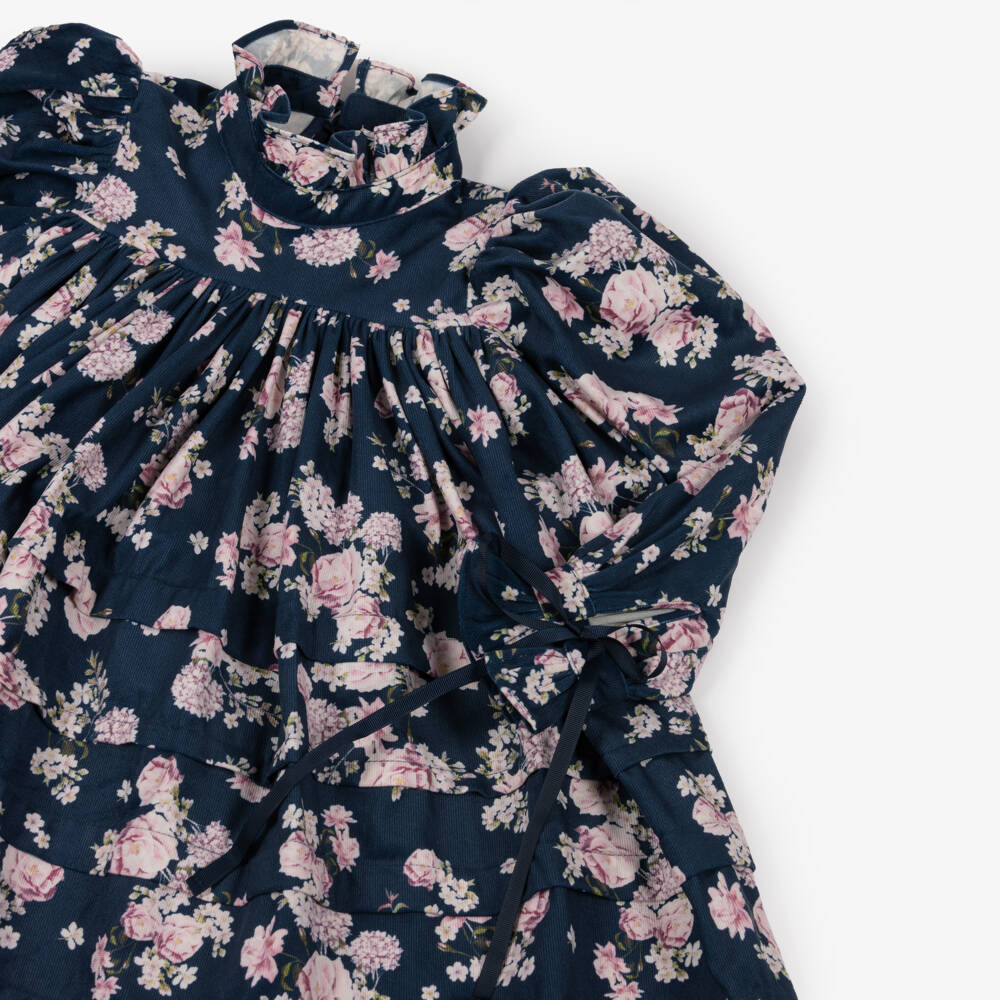 Petite Amalie-Girls Navy Blue & Pink Floral Needlecord Dress | Childrensalon