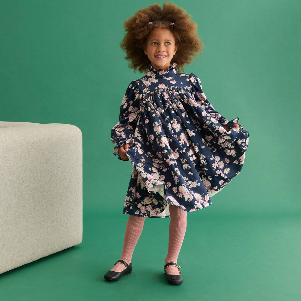 Petite Amalie-Girls Navy Blue & Pink Floral Needlecord Dress | Childrensalon