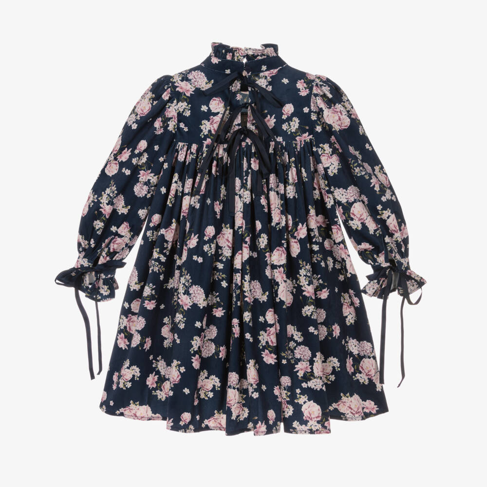 Petite Amalie-Girls Navy Blue & Pink Floral Needlecord Dress | Childrensalon
