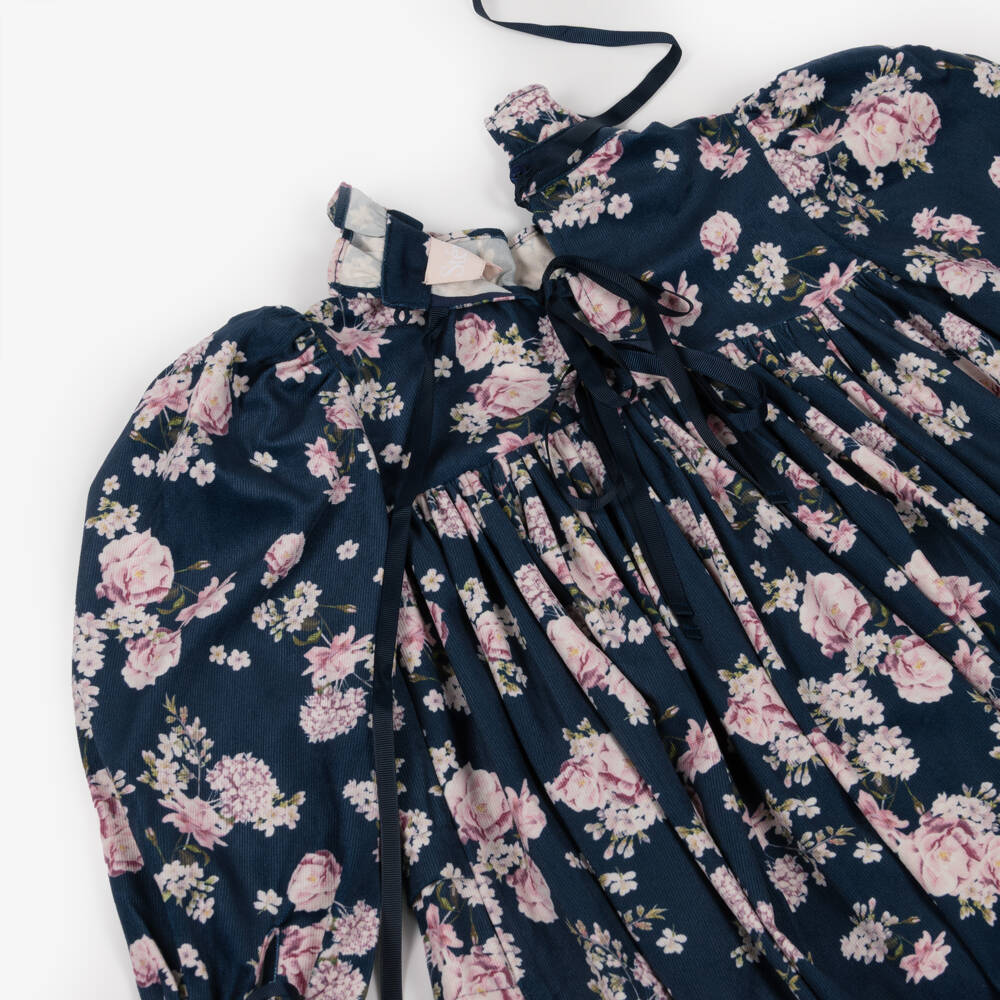 Petite Amalie-Girls Navy Blue & Pink Floral Needlecord Dress | Childrensalon