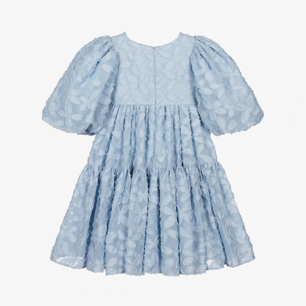 Petite Amalie-Girls Pale Blue Floral Jacquard Dress | Childrensalon