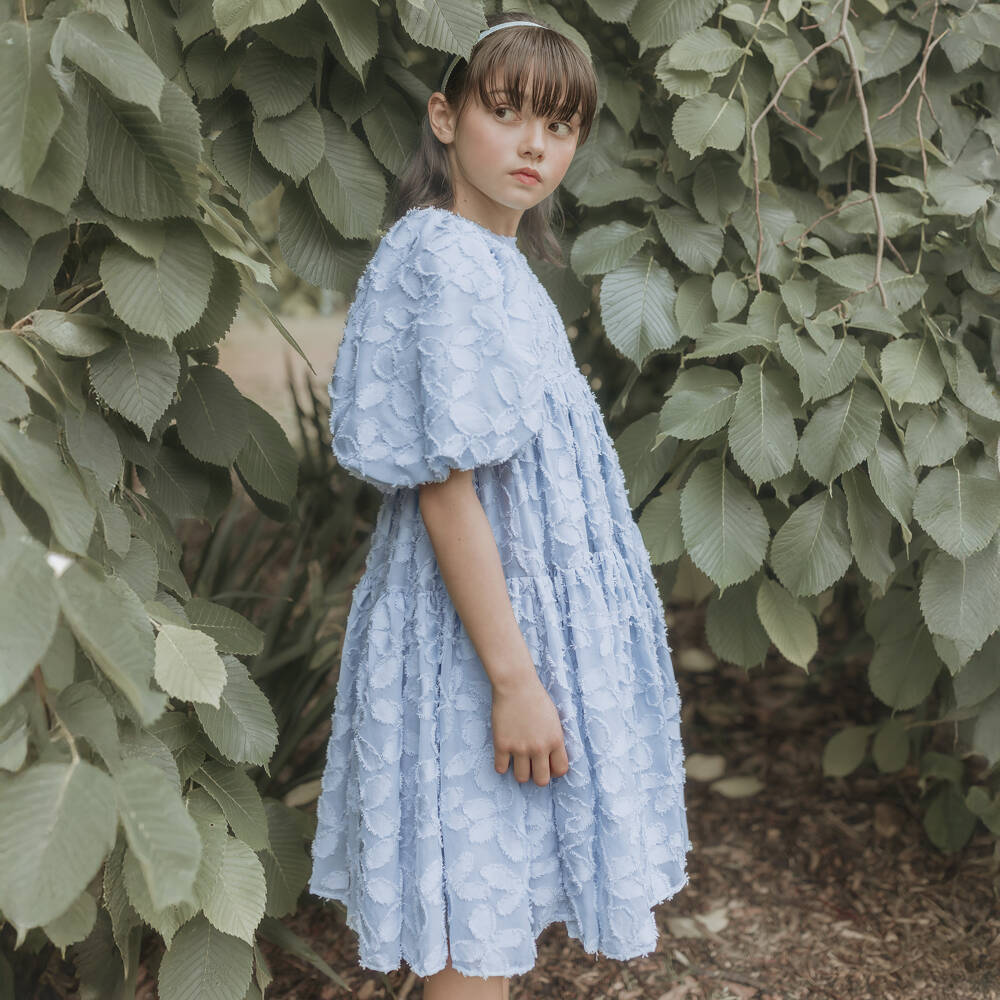 Petite Amalie-Girls Pale Blue Floral Jacquard Dress | Childrensalon