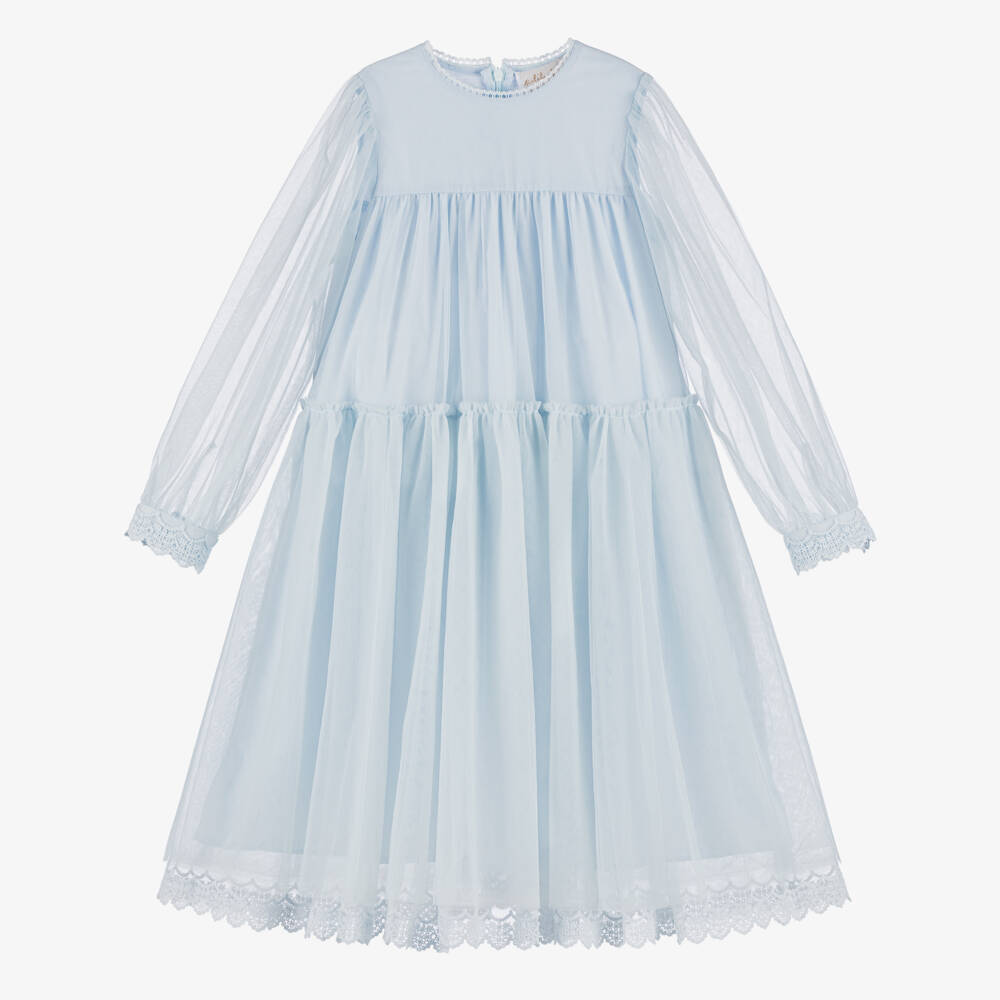 Petite Amalie-Girls Pale Blue Lace-Trimmed Tulle Dress & Cape Set | Childrensalon