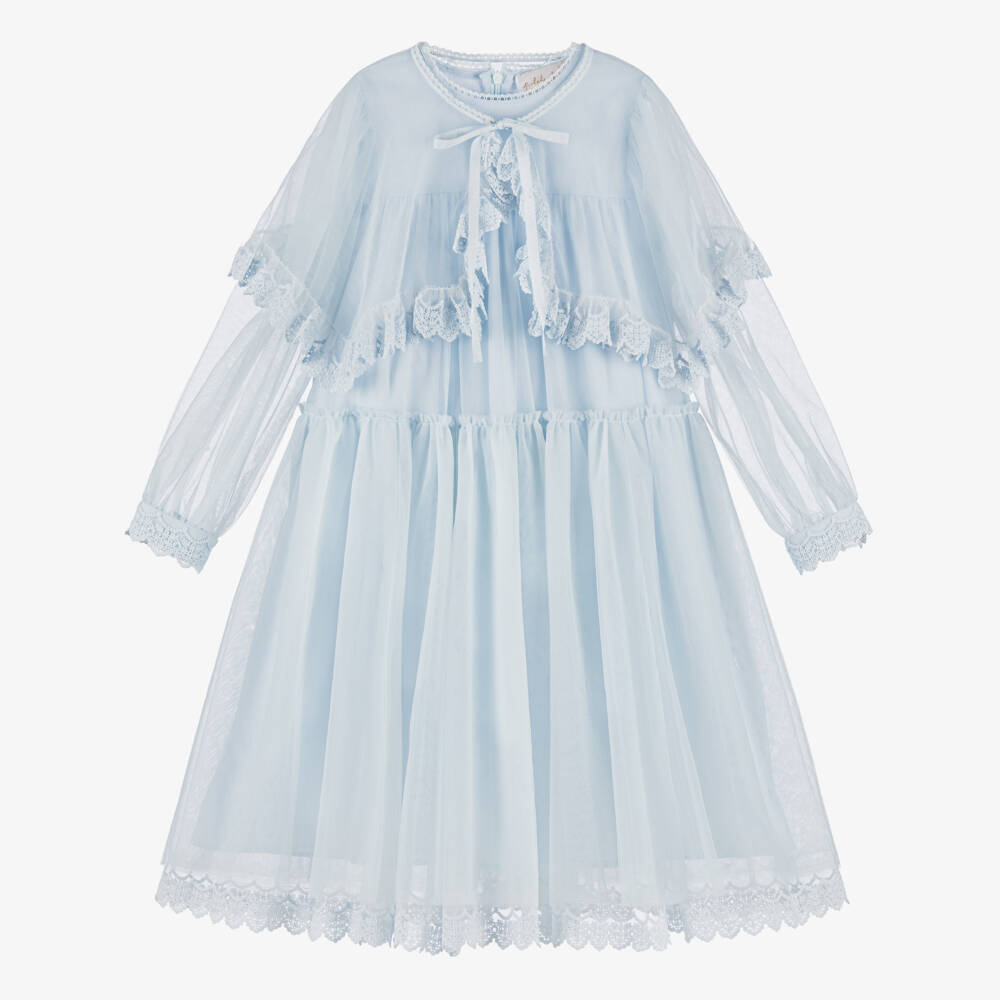 Petite Amalie-Girls Pale Blue Lace-Trimmed Tulle Dress & Cape Set | Childrensalon