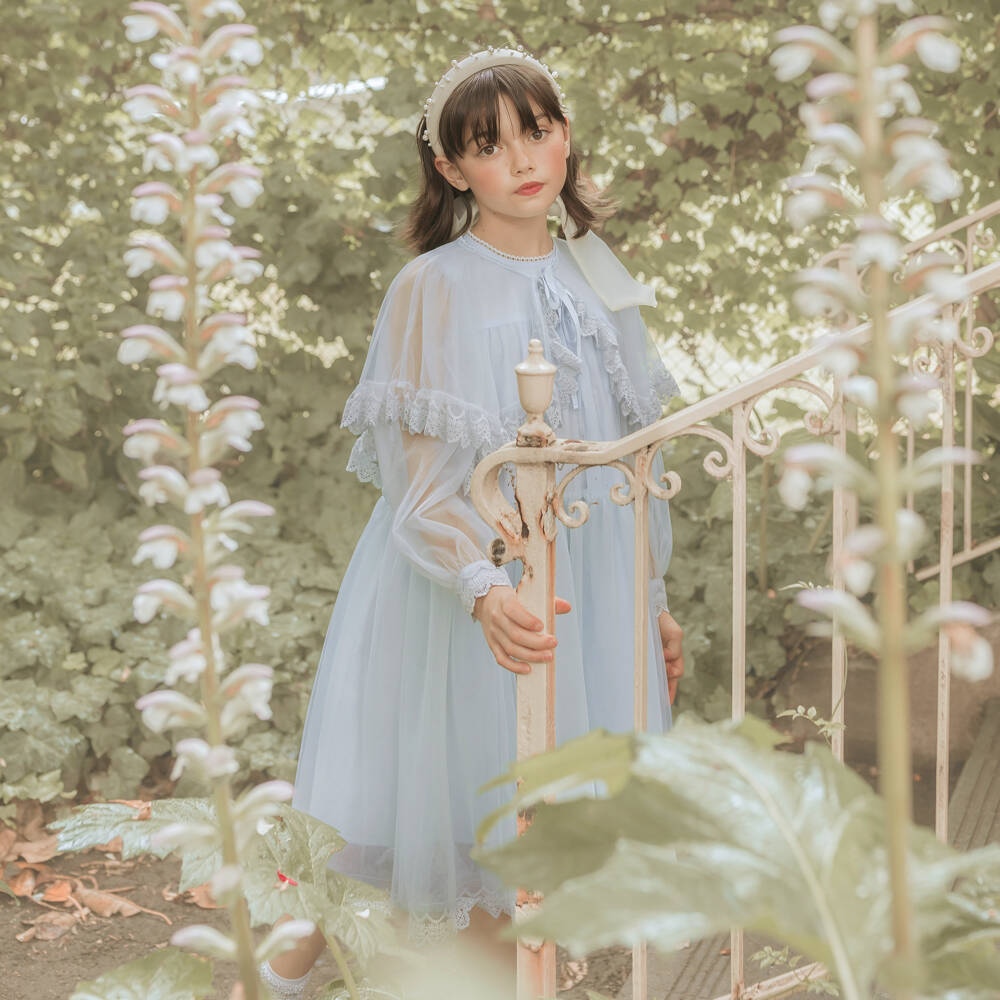 Petite Amalie-Girls Pale Blue Lace-Trimmed Tulle Dress & Cape Set | Childrensalon
