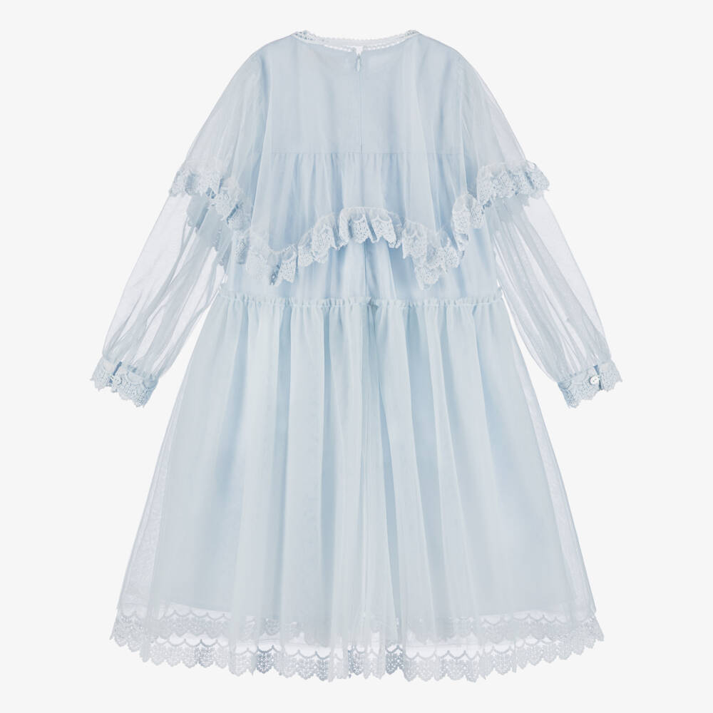 Petite Amalie-Girls Pale Blue Lace-Trimmed Tulle Dress & Cape Set | Childrensalon