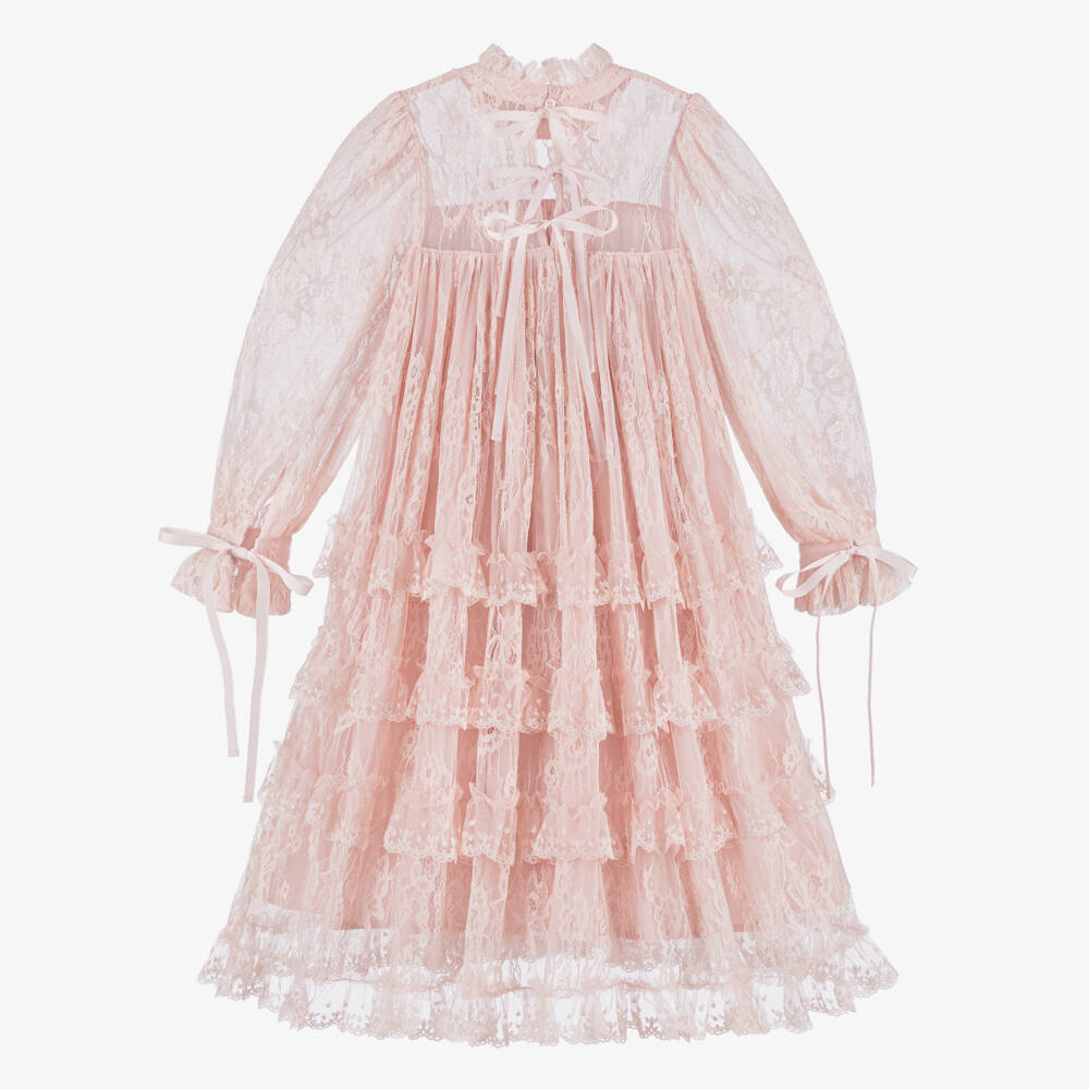 Petite Amalie-Girls Pale Pink Tiered Lace Dress | Childrensalon