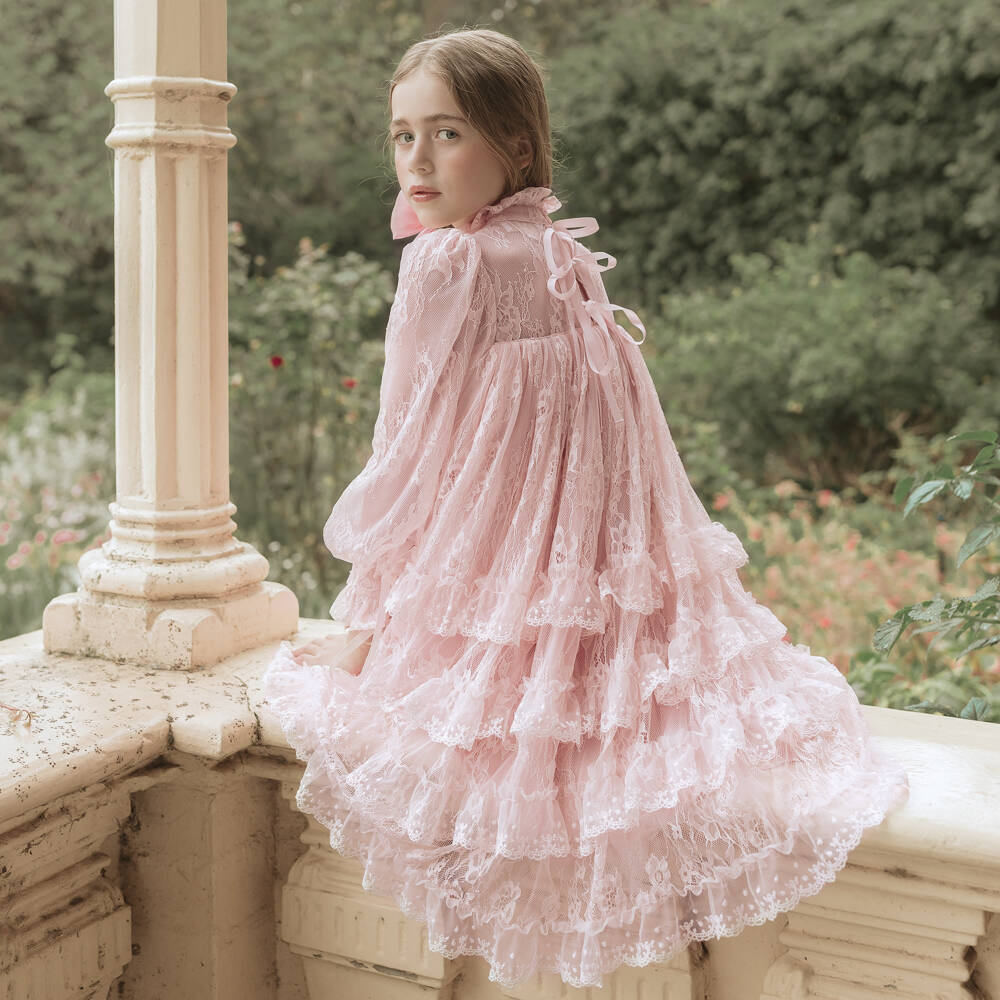 Petite Amalie-Girls Pale Pink Tiered Lace Dress | Childrensalon
