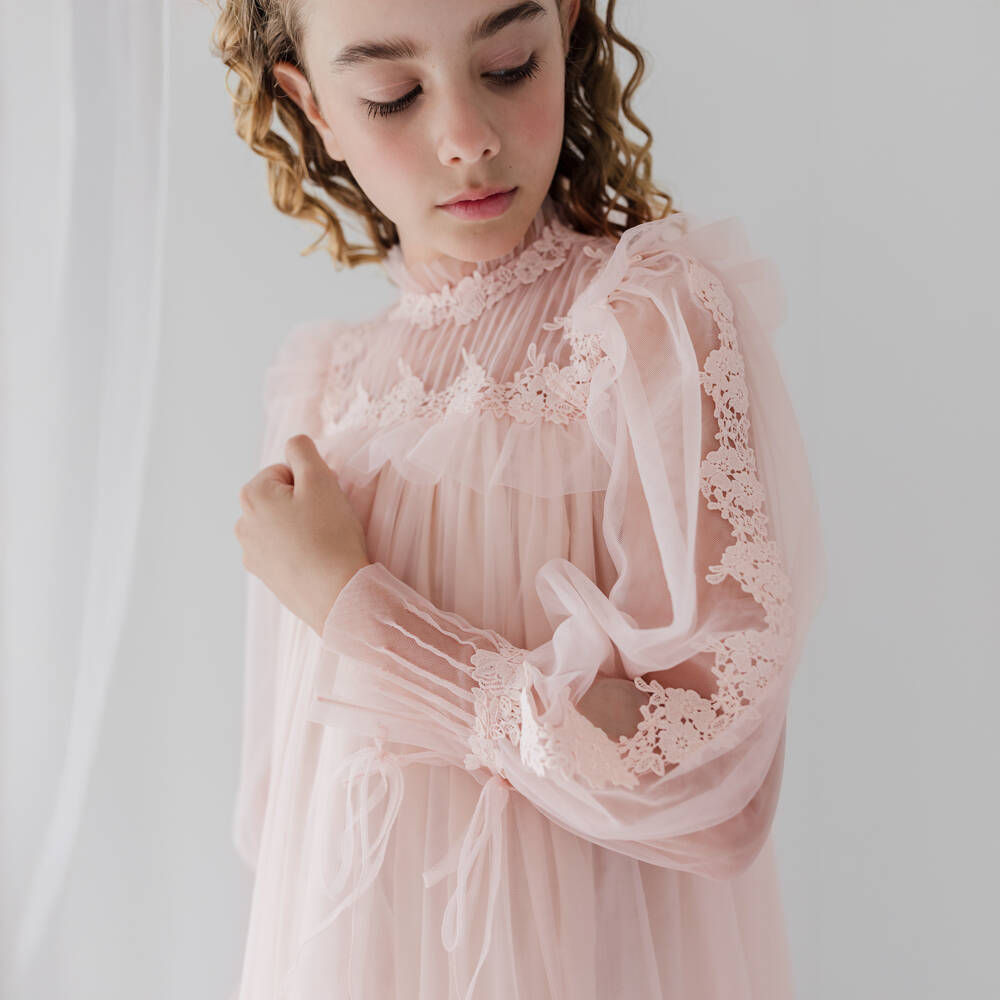 Petite Amalie-Girls Pale Pink Tulle Maxi Dress with Floral Embroidery  | Childrensalon