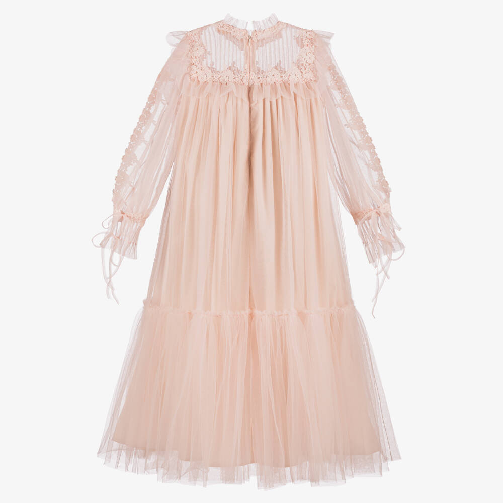 Petite Amalie-Girls Pale Pink Tulle Maxi Dress with Floral Embroidery  | Childrensalon