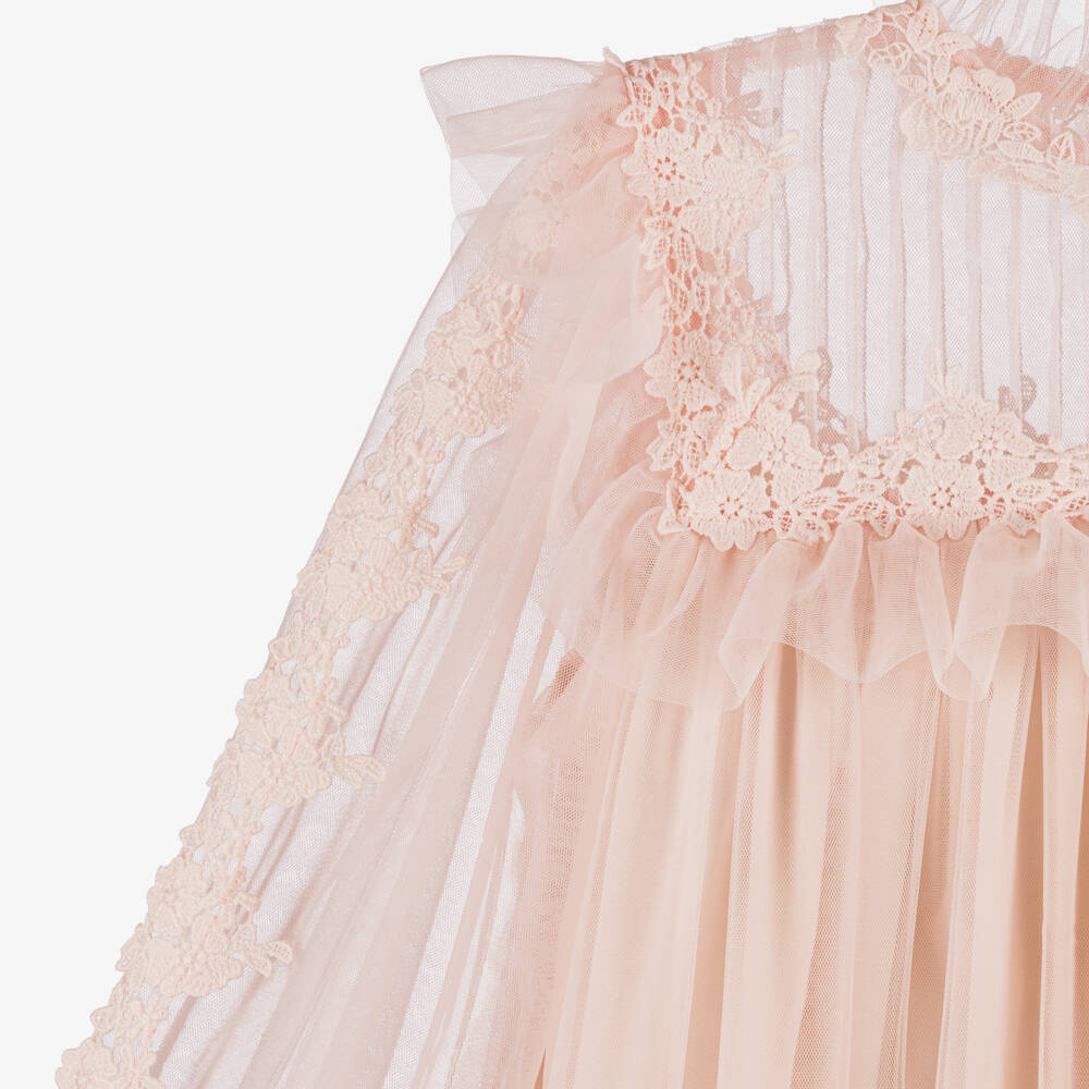 Petite Amalie-Girls Pale Pink Tulle Maxi Dress with Floral Embroidery  | Childrensalon