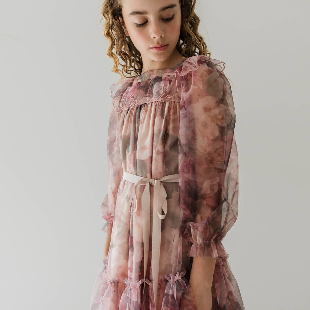 Petite Amalie-Girls Pink & Beige Floral Tulle Dress | Childrensalon