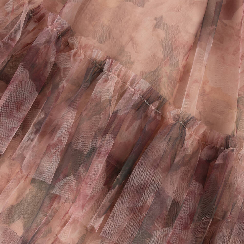 Petite Amalie-Girls Pink & Beige Floral Tulle Dress | Childrensalon