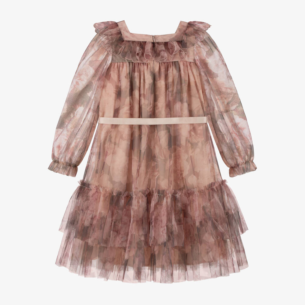 Petite Amalie-Girls Pink & Beige Floral Tulle Dress | Childrensalon